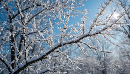 Frost-covered Branches Glisten Under Bright Sunlight in a Winter Landscape