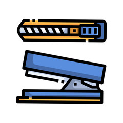 A blue stapler and a yellow and grey utility knife shown from a top down perspective against a clean transparent background ideal for back to school themes