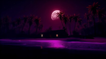 Moonlit Tropical Beach Scene with Neon Purple Reflections and Palm Trees at Night - Powered by Adobe
