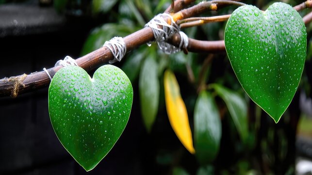 Heart-shaped Leaves Glisten With Raindrops on a Branch Amidst Lush Greenery in Nature