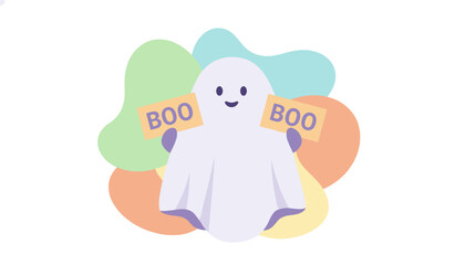 Friendly ghost holding BOO signs Cute Halloween fun perfect for seasonal designs