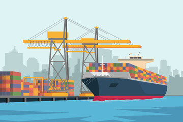 Fototapeta premium Modern shipping port scene with container ship and cranes logistics cargo transport