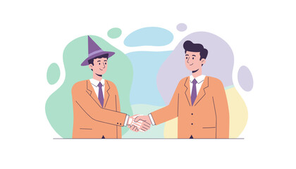 Magical business deal Two men shake hands one with a wizard hat and skeletal hand Unique partnership