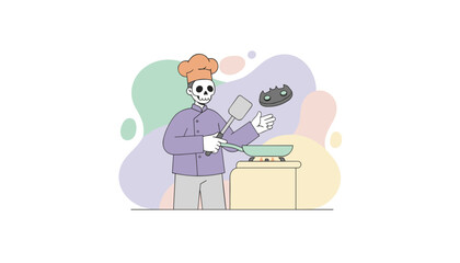 Skeleton chef in hat flipping food in pan Humorous Halloween cooking illustration culinary creativity