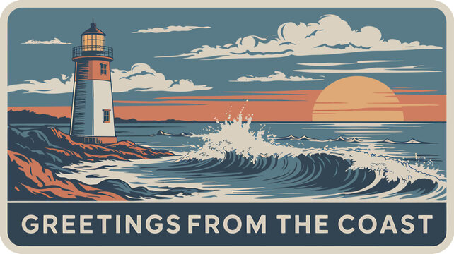 Retro coastal lighthouse scene postcard illustration with gradients and waves