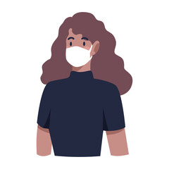 A Person Wearing a White Face Mask and a Dark Blue Turtleneck Shirt with Wavy Brown Hair Isolated...