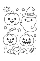 A seamless pattern set of cute cartoon vector illustrations featuring funny baby animal faces, like cats and dogs, designed as fun Halloween monster characters and spooky icons