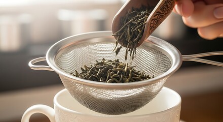 Tea preparation, tea leaves being poured through a sieve, a mindful ritual. This image features tea leaves, in a sieve, captured, adding to the serene atmosphere of this moment of preparing tea.