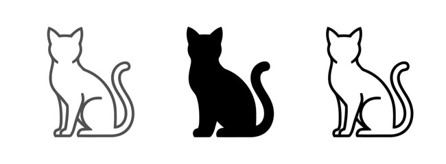 Three simplified cat illustrations, in black and white, rendered as vector graphics