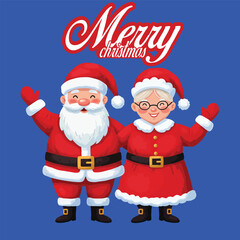 Mrs. Claus Together. Vector cartoon character of Happy Santa Claus and his wife isolated. Christmas family celebrate winter holidays. Cute Santa Claus with Mrs. Claus waving hands and greeting.eps
