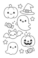 Funny Halloween pumpkin cartoon characters vector illustration set with silly faces and smiles