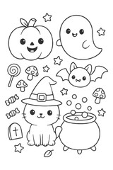 Funny vector cartoon set featuring cute icons  characters, and child faces - Halloween doodle coloring