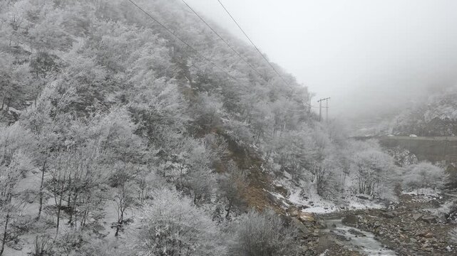 Winter view of Chalus road with cars passing through dense fog. Snow-covered trees, icy branches, rocky river, and power lines create a mix of natural beauty and human presence in the misty mountains.