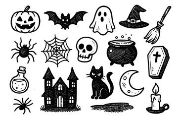Hand drawn halloween icons with spooky elements in black and white