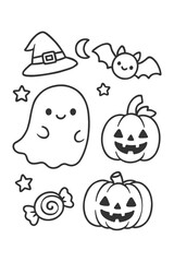 Funny cartoon halloween set with ghost, pumpkin, cat, and clouds vector icon collection illustration design