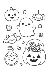 A colorful vector illustration set of funny cartoon faces characters for children's design - Halloween doodle coloring
