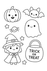 A set of funny cartoon monster and animal characters for a children's coloring book with icon faces, in a vector illustration drawing art style - Halloween doodle coloring