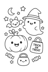 Naklejka premium A fun collection of cartoon vector illustrations featuring funny children character set with a smile - Halloween doodle coloring