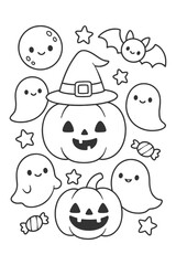 Cute vector cartoon set for children's fun character design and illustration - Halloween doodle coloring