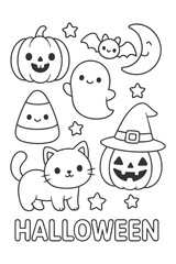 A set of cute cartoon vector icons featuring funny Halloween animals and child faces