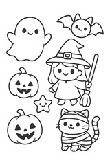 A funny set of cartoon characters with smiling face icons in vector illustration collection - Halloween doodle coloring