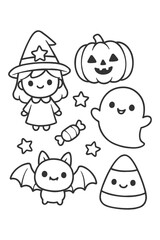 Cute cartoon character set illustration for a funny children's drawing collection - Halloween doodle coloring