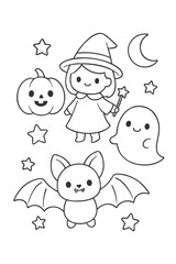 Cute cartoon coloring page outline of kids - Halloween doodle coloring
