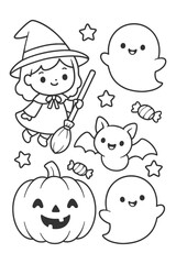 A fun set of cartoon vector illustrations of smiling children art character - Halloween doodle coloring