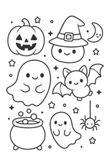 A collection of funny cartoon vector illustrations with cute faces character set design - Halloween doodle coloring