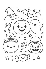 Funny cartoon characters vector icon set collection - Halloween doodle coloring