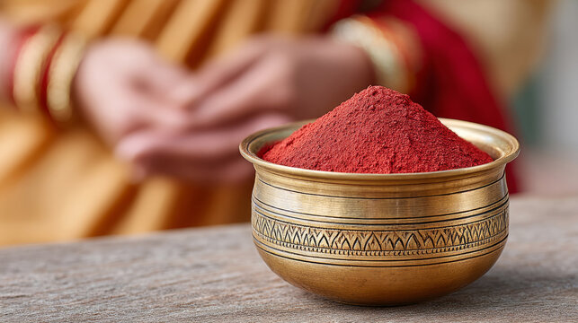 Close-up of sindoor powder for durga puja navami celebration rituals