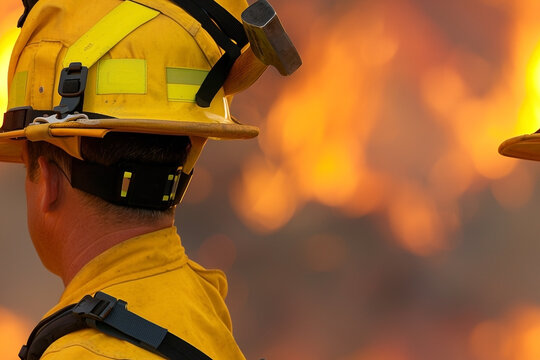 Firefighters in yellow protective gear stand watch, flames blur in background - Powered by Adobe