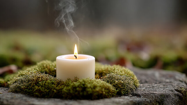 Close up of white candle in moss circle for calan gaeaf celebration and decoration