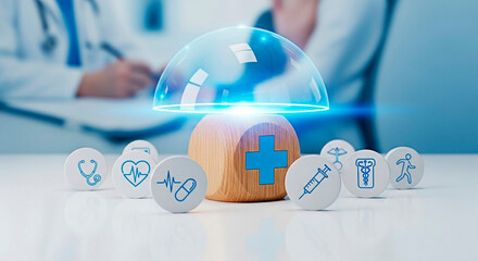 A concept image of medical health care protection with icons and doctor. Medical care, Healthcare and Insurance protection concept.