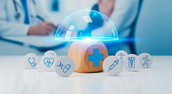 A concept image of medical health care protection with icons and doctor. Medical care, Healthcare and Insurance protection concept.
