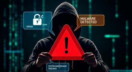 Cybersecurity alert: A person in a hoodie, holding an exclamation point with warning message and detection message in the digital space. Concept of malware and online security risk.