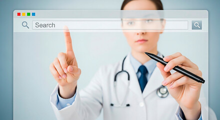 Medical professional pointing toward a search bar. Concept of Healthcare and technology.