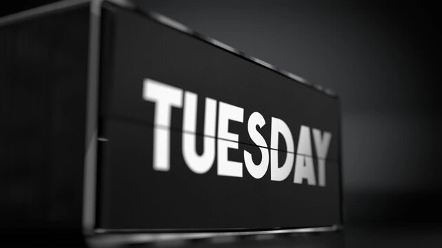 Flip calendar changing days of a week from Sunday to Saturday with selective focus - 3D 4k animation (3840x2160 px).