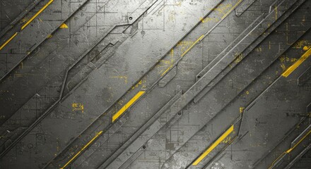Fototapeta premium A rough metallic and concrete texture background featuring faint blueprint lines and subtle yellow highlights. The design combines industrial and technical elements