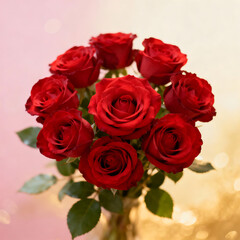 A bouquet of nine vibrant red roses in full bloom, arranged closely together against a blurred, colorful background.