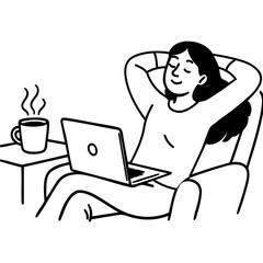 Relaxed Woman Sitting in a Chair with Laptop and Coffee Cup Enjoying a Peaceful Moment with Eyes Closed and Hands Behind Her Head Minimalist Line Art Style on Transparent Background