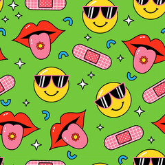 Retro 80s Pop Culture Pattern Featuring Pixelated Smiley Faces With Sunglasses And Open Mouths With Tongues Sticking Out On A Bright Green Background