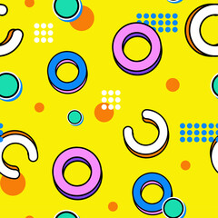 Retro 1980s Memphis Style Abstract Pattern Featuring Colorful Geometric Shapes Circles Arcs and Dots on a Vibrant Yellow Background with Clean Lines and a Playful Aesthetic