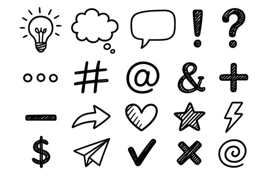 Hand drawn doodle icon set including speech bubbles and symbols