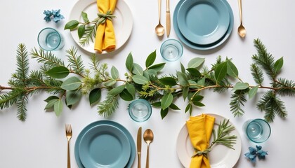 Elegant dining table setting with green foliage and blue plates