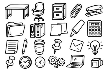 Hand drawn office tools and accessories collection for creative workspaces