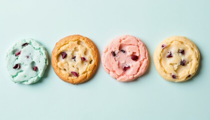 Colorful cookies arranged on mint green background  