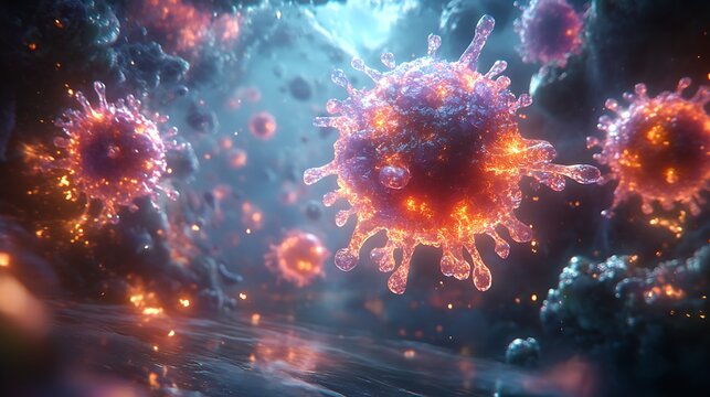 Coronavirus cells with digital illustration of virus particles, and pandemic.
