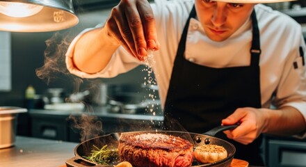 Professional chef meticulously seasons a gourmet steak with a pinch of salt in a bustling restaurant kitchen, showcasing culinary expertise and precision