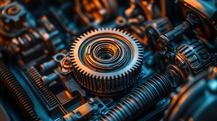 Gear Wheel Details Inside Engine with Mechanical Technology Background.